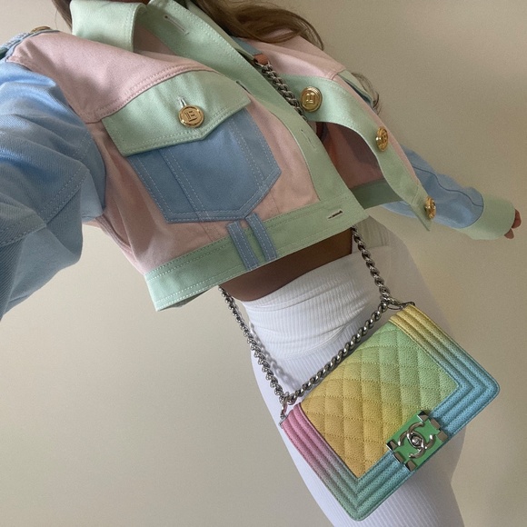 Balmain Multicolor Pastel Crop Blue Pink Seafoam Green Button Jacket Denim - Picture 11 of 11